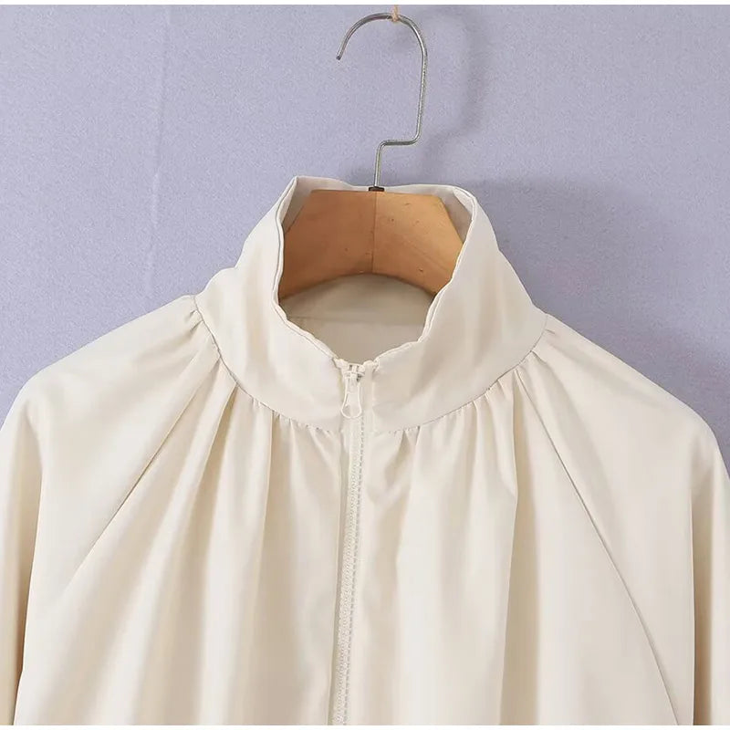 Zip Up High Neck Puff Sleeve Cropped Jacket For Women
