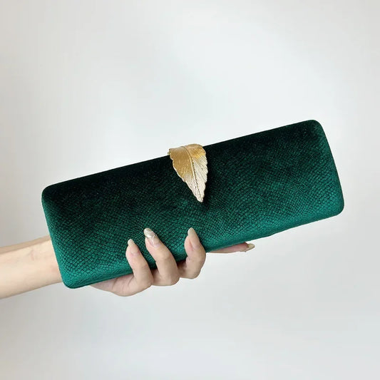 2025 Luxury Velvet Evening Clutch Bag Crystal Leaf Clasp Chain Handheld Purse for Gala Dinners Weddings Cocktail Parties