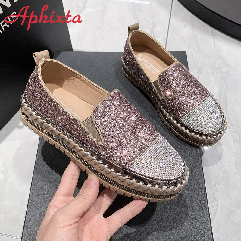 Soft Faux Leather Sequined Platform Loafers For Women