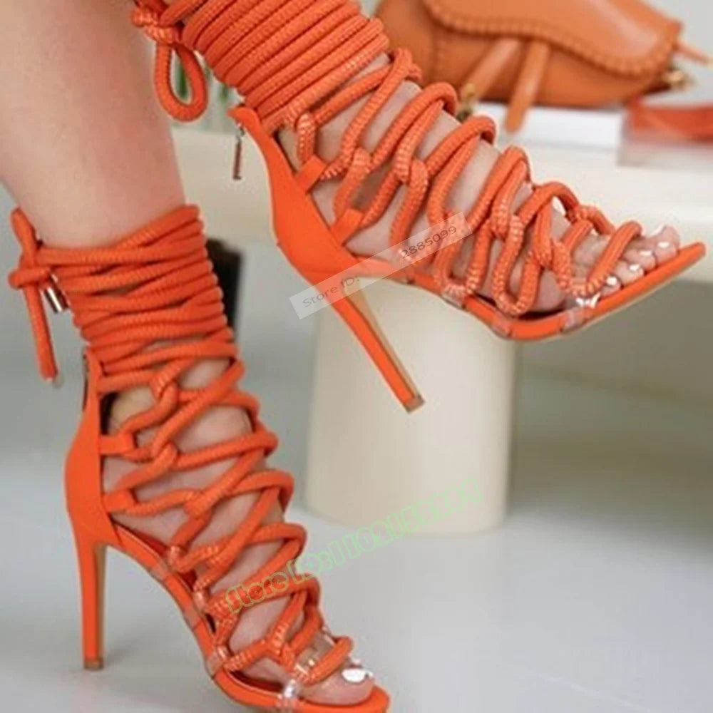 Lace Up Open Toe Stiletto Sandals With Cutouts for Women