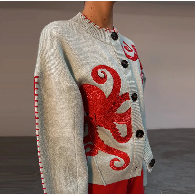 Elegant Knitted Octopus Jacquard Cardigan for Women