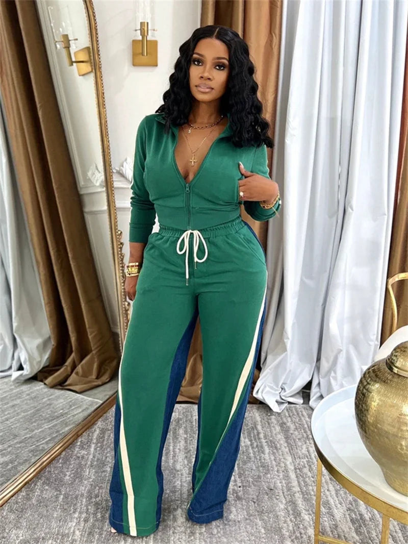 Colorblock Zip Top And Patchwork Pants Set for Women