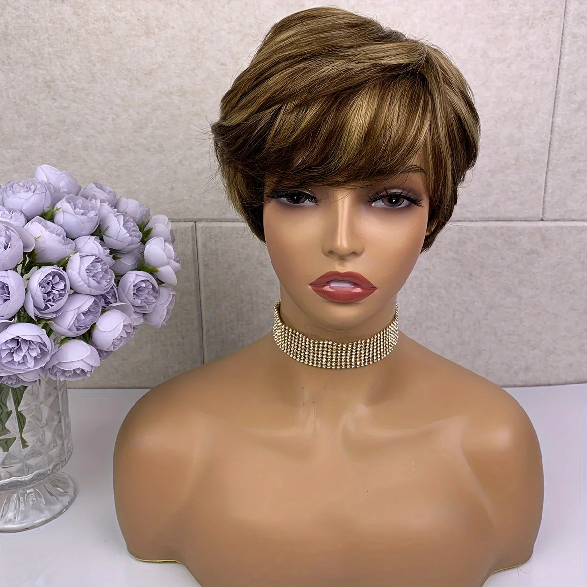 Pixie Cut Wig With Bangs Short Straight Mixed Color Remy Brazilian Human Hair Full Machine Made wig