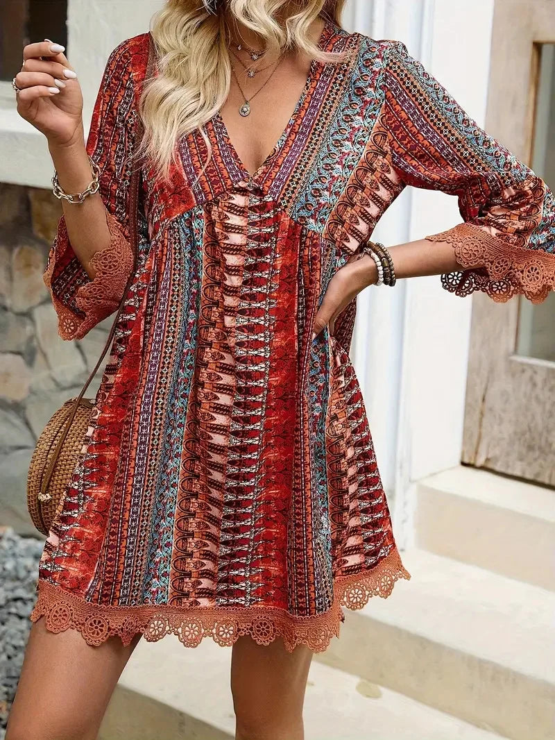 Vintage Floral Print V Neck Long Sleeve Dress For Women