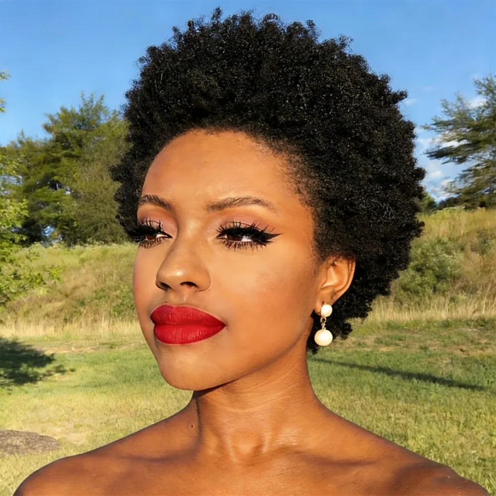 Natural Black Short Afro Kinky Curly Remy Human Hair Wig For Women