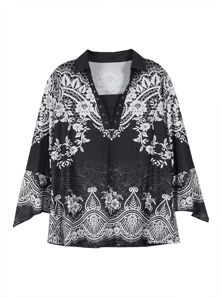 Plus Size Women's Flower Print Irregular Cuff T-Shirt Spring and Autumn Casual Quarter Sleeve Tops Women's