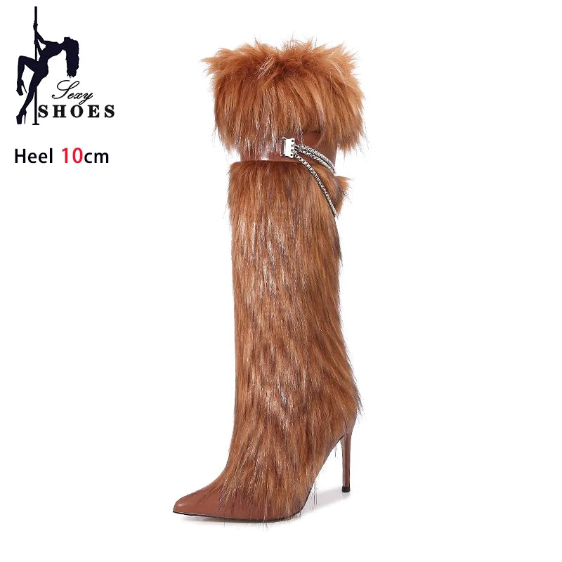 Elegant Faux Fur Knee High Stiletto Boots for Women