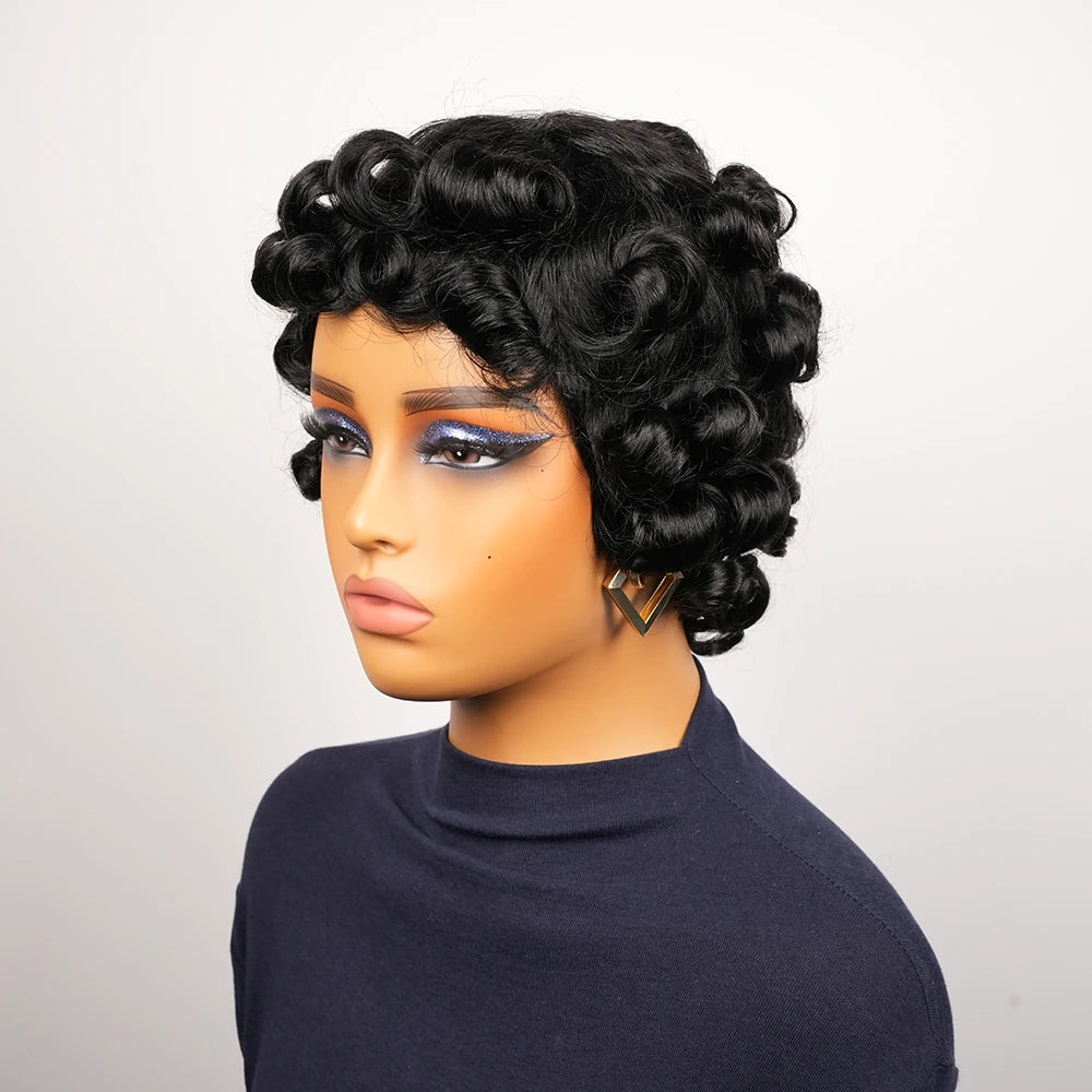 Brazilian Human Hair Egg Curl Pixie Cut Wig with Bangs for Women