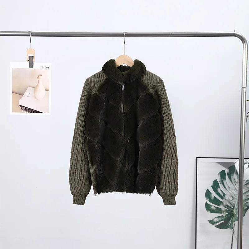 Faux Fur Patchwork Knit Coat With High Collar for Women