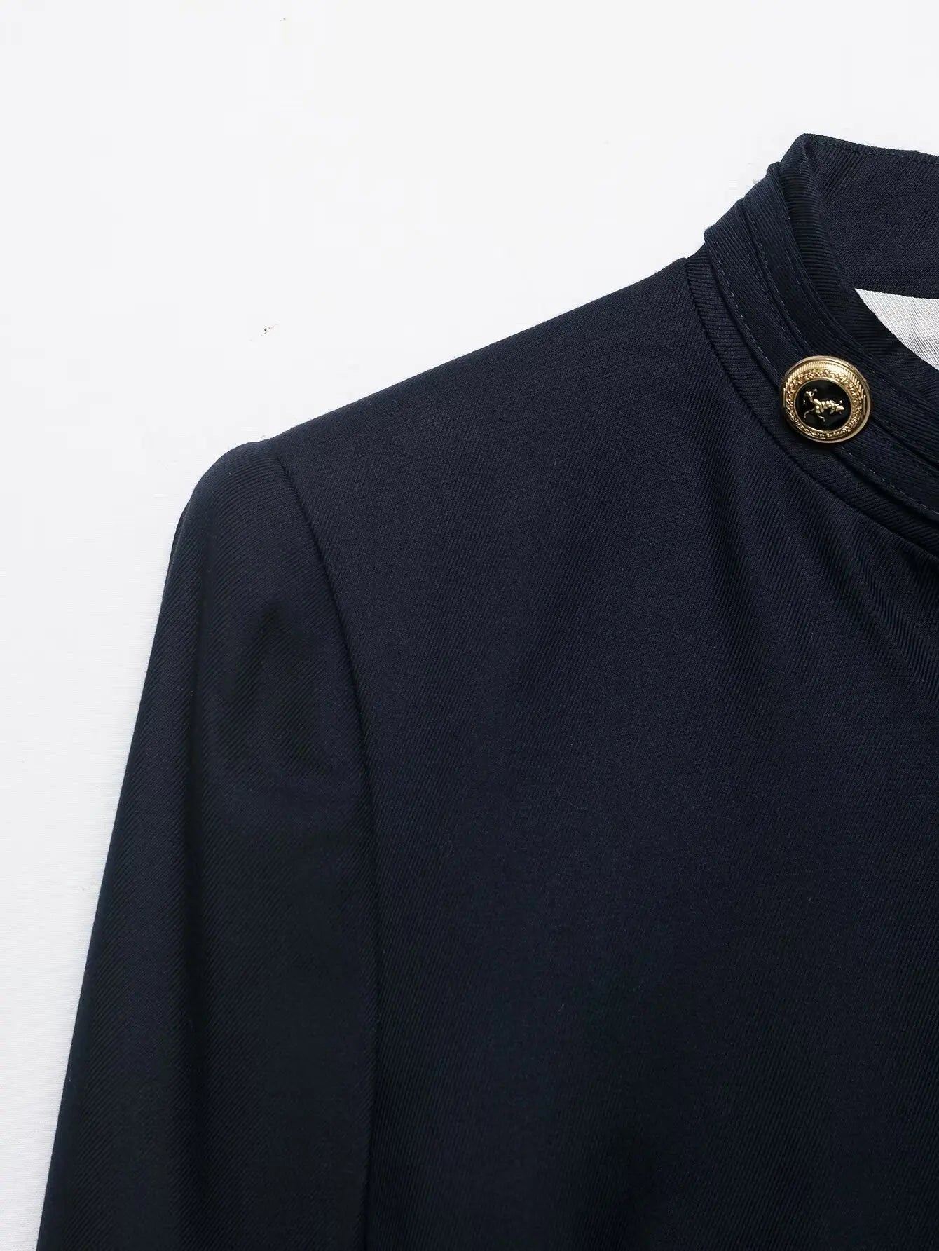 Stand Collar Single Breasted Navy Blue Coat for Women
