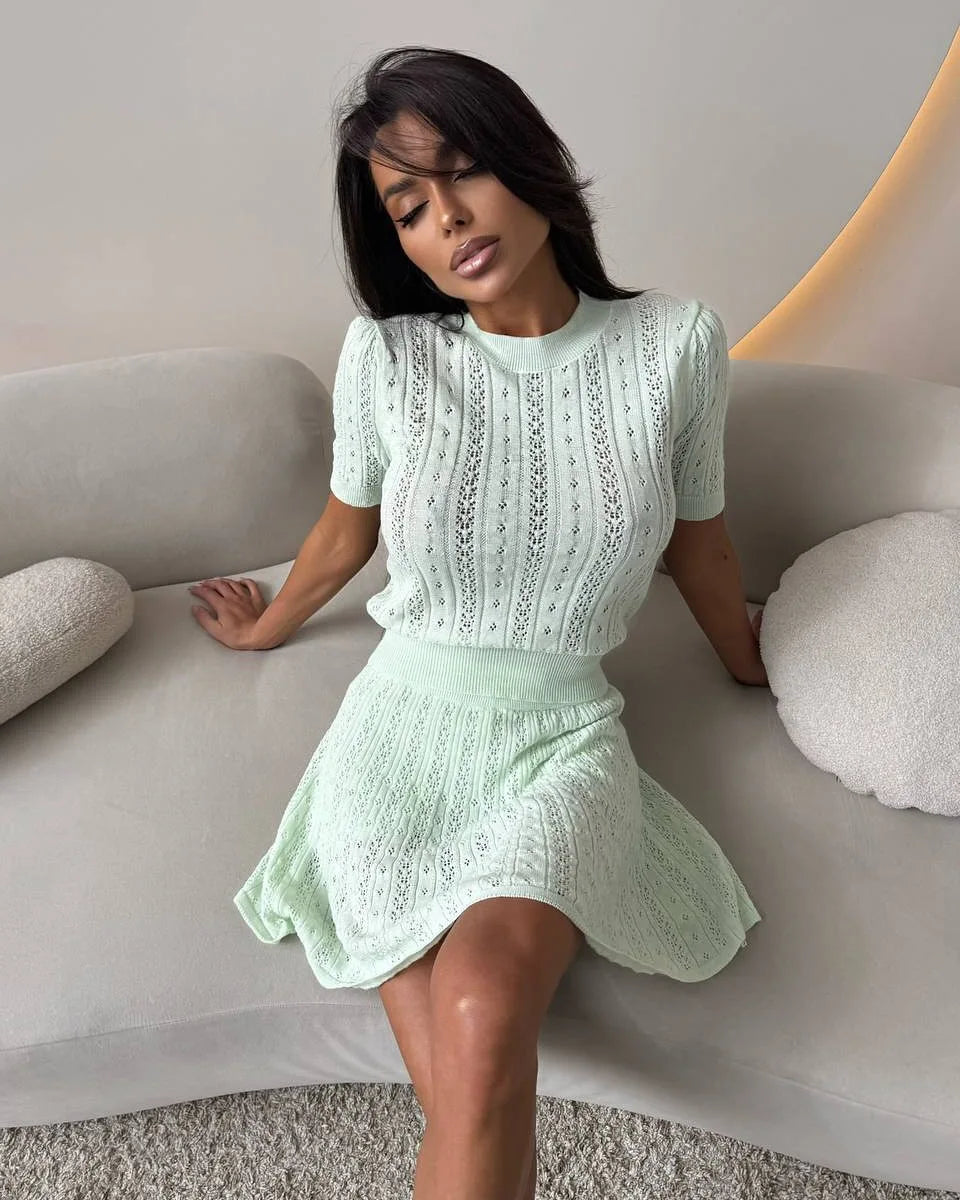 Hollow Out Knit Sweater And Mini Skirt Set for Women