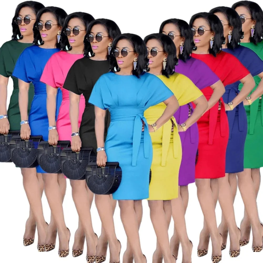 Women's Elegant Pencil Midi Dress Short Sleeve Party Cocktail Dresses with Belt