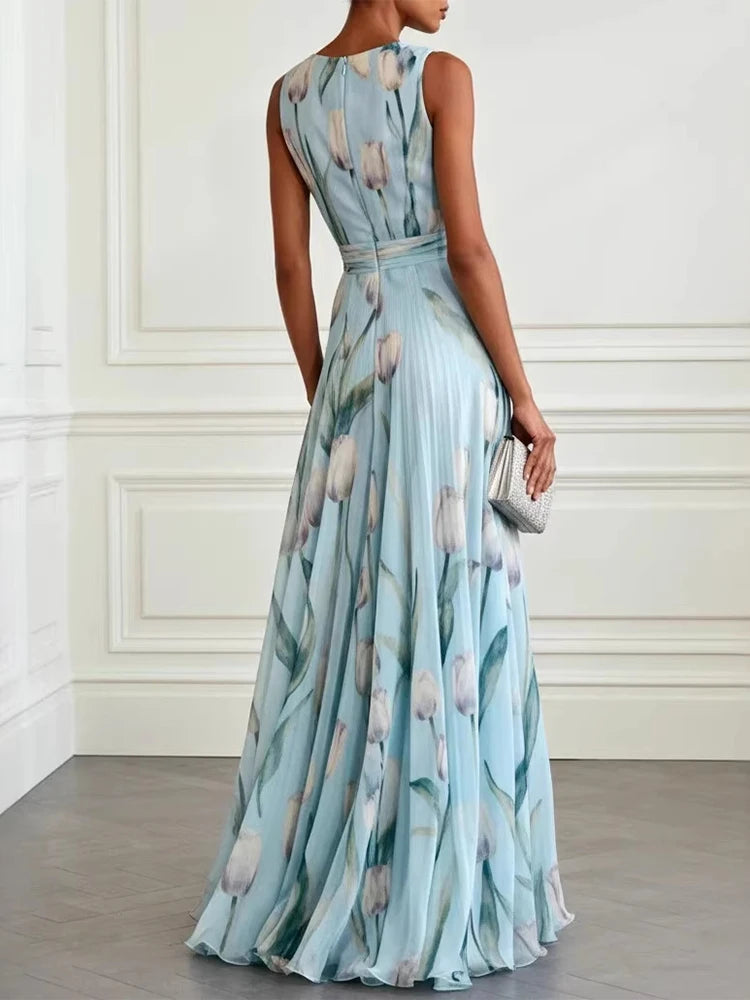 Elegant Deep V-neck Chiffon Long Dress Summer Fashion Pattern Print Women Dress Sexy Sleeveless Hight Waist Draped Holiday Dress