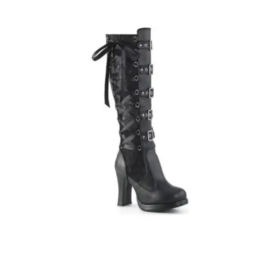 Lace Up Chunky High Heel Mid Calf Boots for Women
