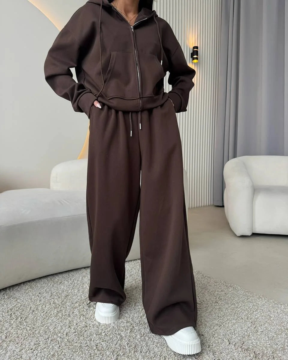 KUCLUT Fashion Sports Suit Long Sleeve Zipper Cardigan Hooded Sweatshirt Drawstring Elastic Trousers Two-piece Set Female 1A717