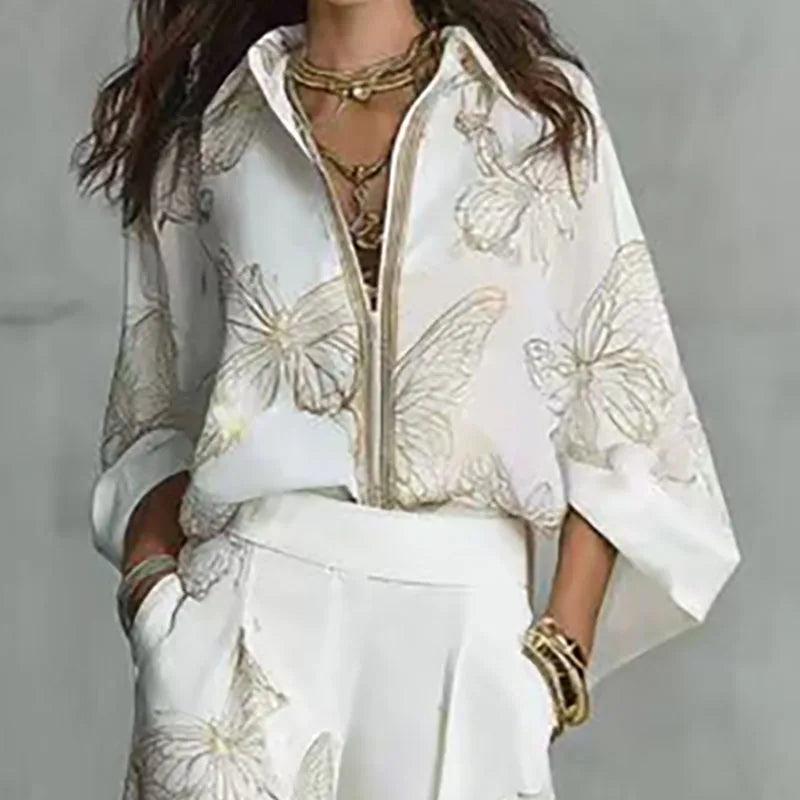 Butterfly Print Two Piece Shirt And Wide Leg Pants Set for Women