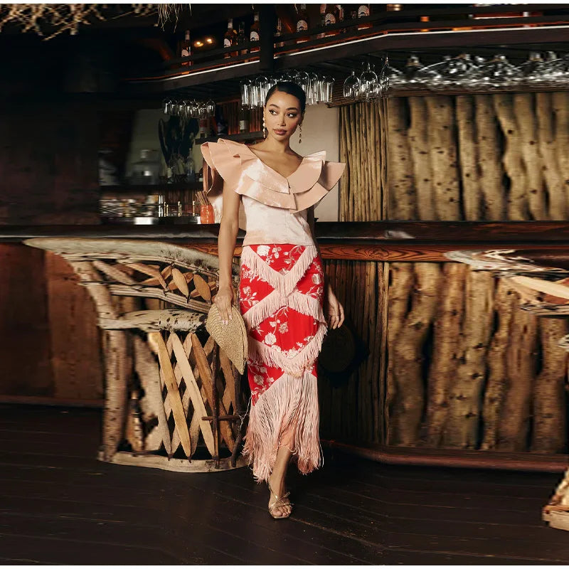 Ruffle V-Neck Sleeveless Blouse and Plaid Skirt Set for Women