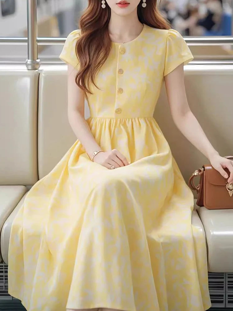 Lightweight Yellow Print Midi Dress With Cinched Waist for Women