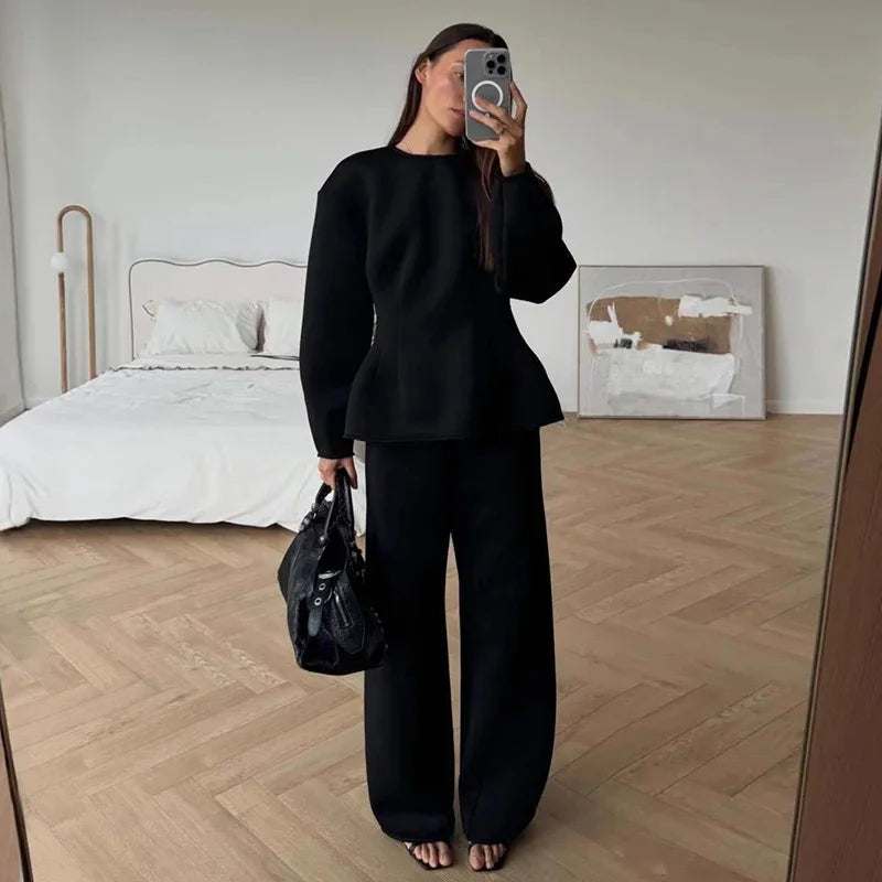 Spring Chic O-Neck Pleated Loose-Fit Two-Piece Set for Women