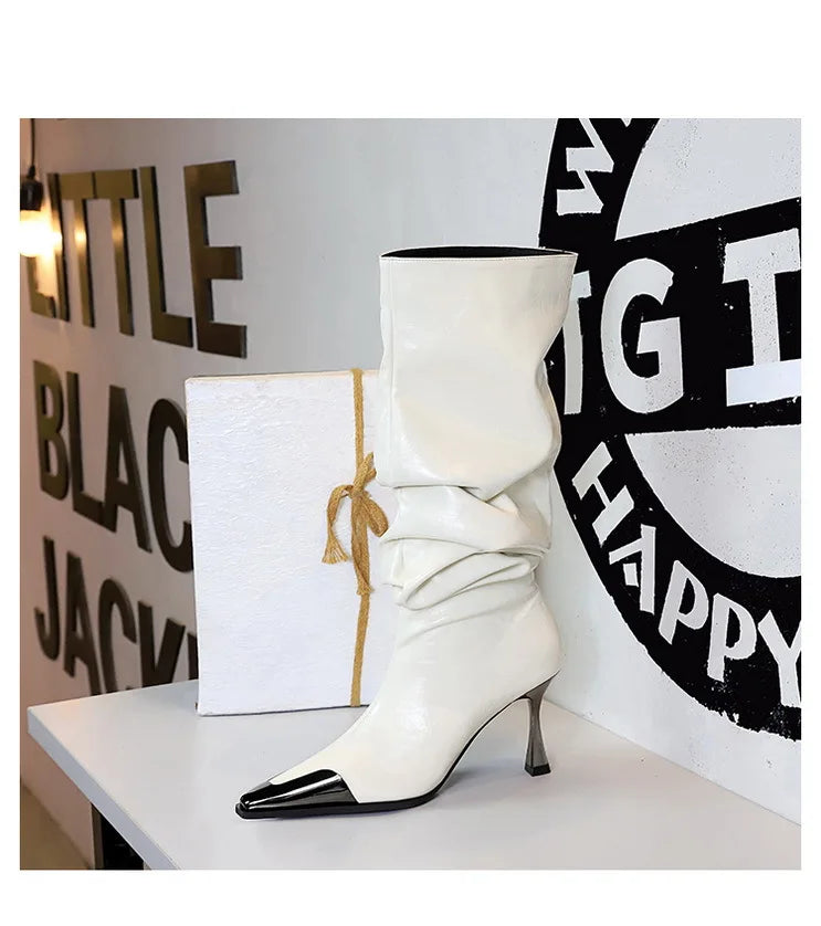 Pointed Pleated Knee Stiletto Boots