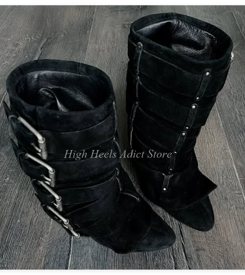 Black Suede Buckle Mid Calf Boots