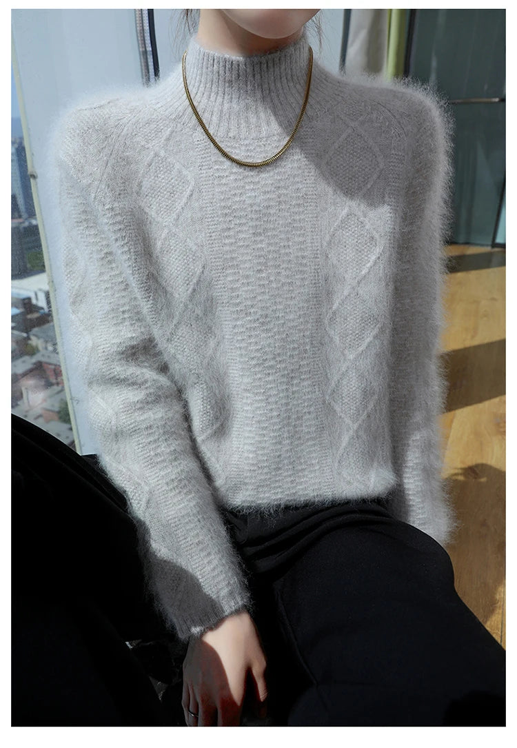Floral Jacquard Long Sleeve High Neck Knit Sweater for Women