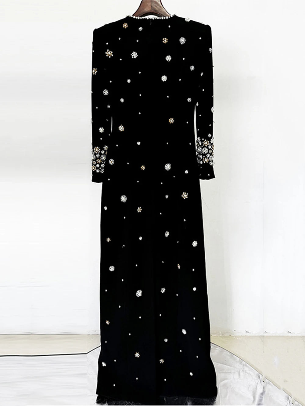 Modphy High-Quality Shiny Diamond Bead Slim Formal Maxi Dress Women'S Long Sleeved O-Neck Elegant Celebrity Evening Runway Gowns