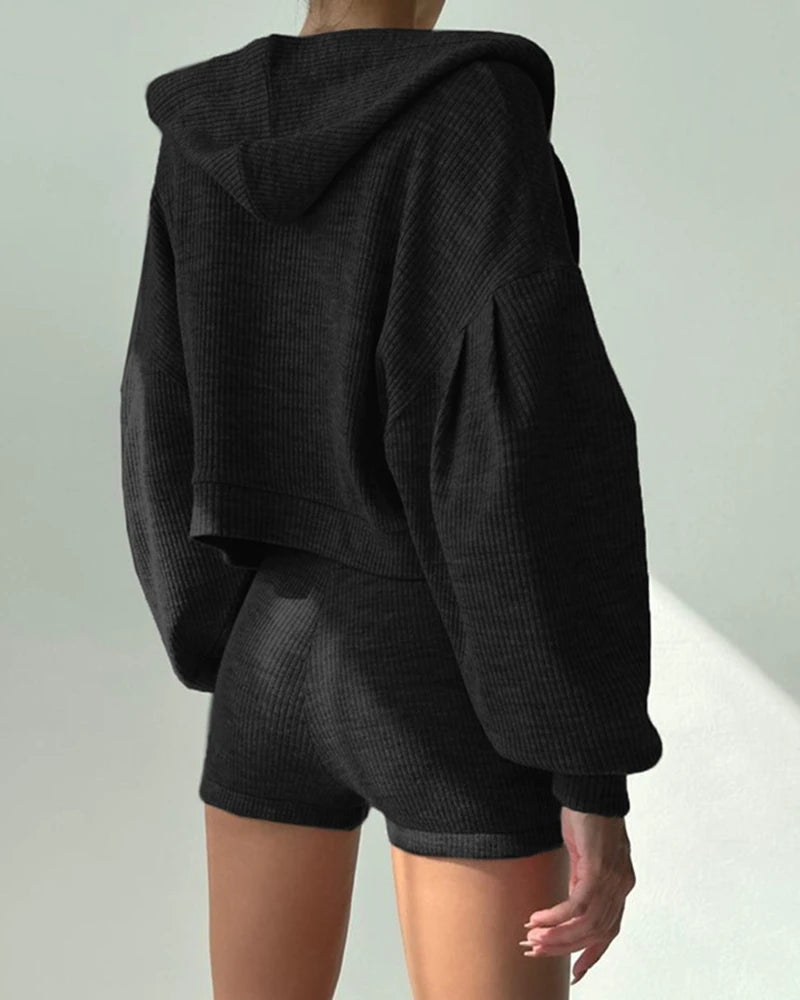 Ribbed Solid Color Three Pieces Sporty Suit Bra & Shorts and Lantern Sleeve Hooded Sweatshirt Coat Casual Suit
