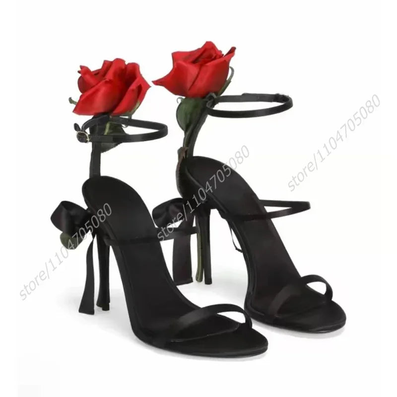 Elegant Black Leather Rose Flower Heel Sandals For Women