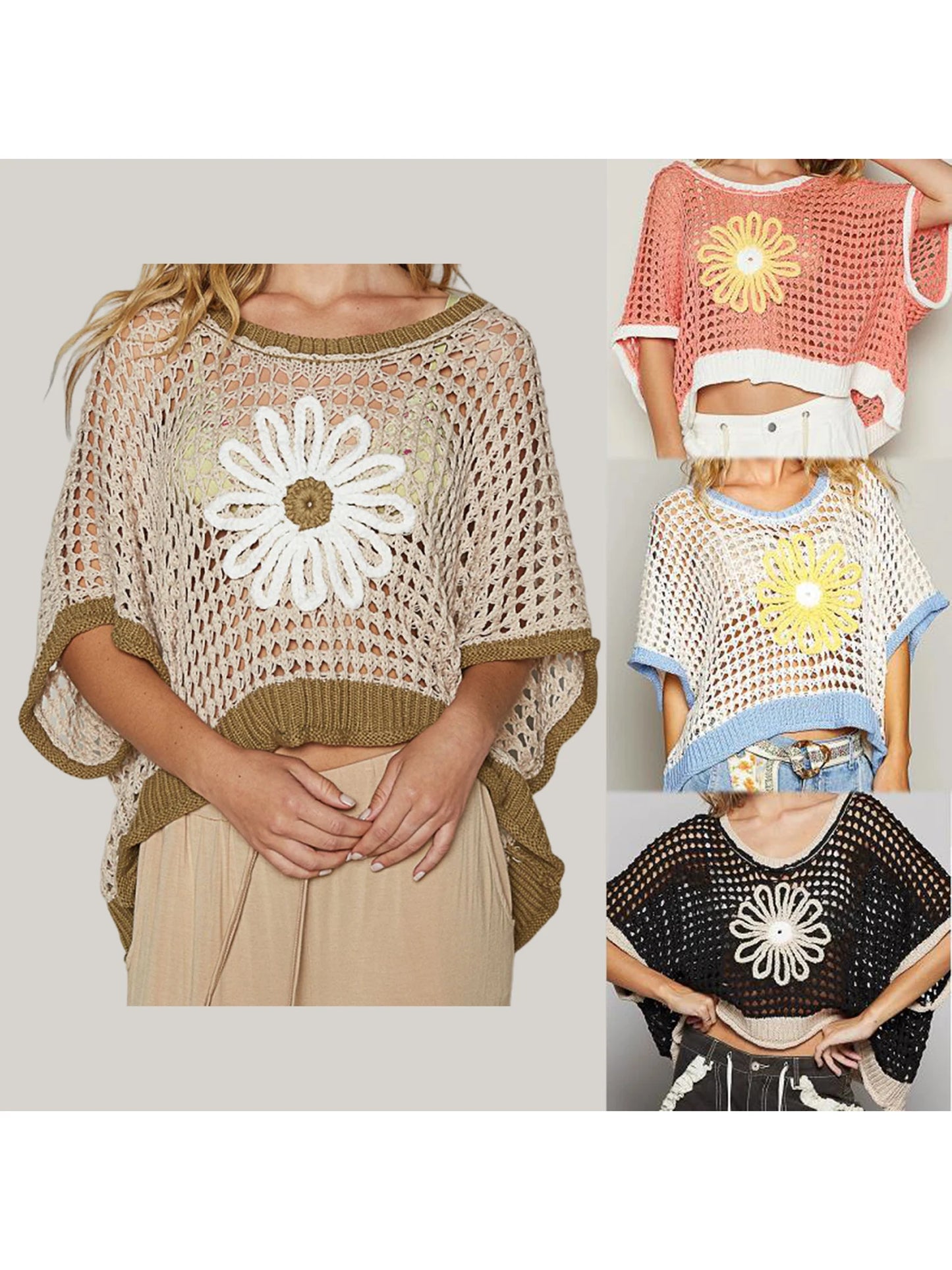 Casual Crochet Hollow Out Daisy Embroidery Top for Women