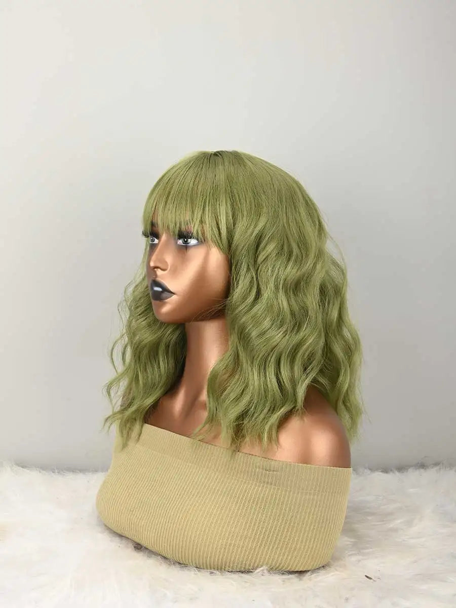 Natural Green Synthetic Wavy Bob Wig With Bangs For Women