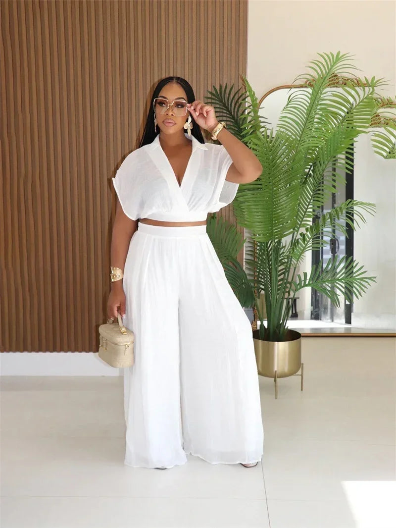 Relaxed Casual Crop Top And Wide Leg Pants Set for Women