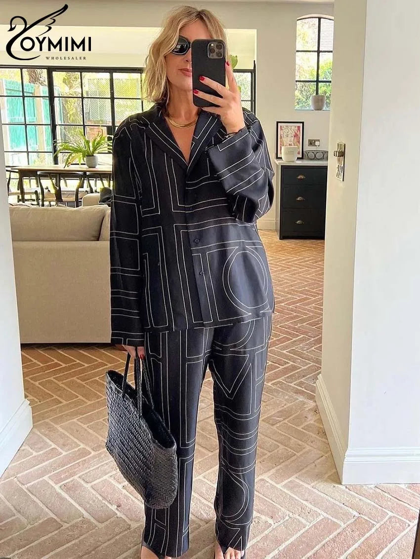 Oymimi Elegant Beige Print Two Piece Set For Women Fashion Long Sleeve Single Breasted Shirts And High Waisred Trousers Sets