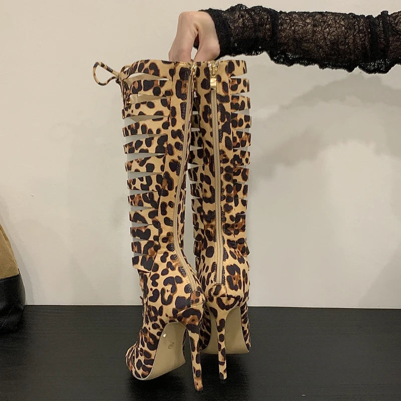 Leopard Print Hollow Out Peep Toe Knee High Boots for Women