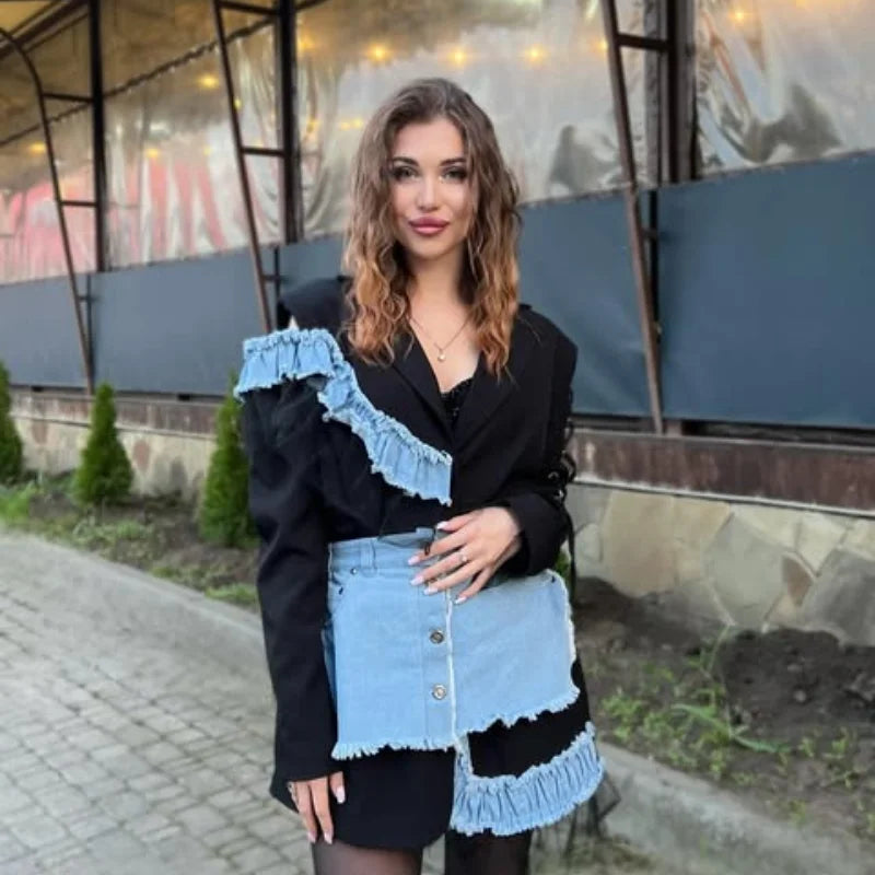 Stylish Patchwork Denim Mini Dresses Lace Deep V-neck Jacket Sexy Irregular Casual-chic Sexy Edgy Top Designers Streetwear