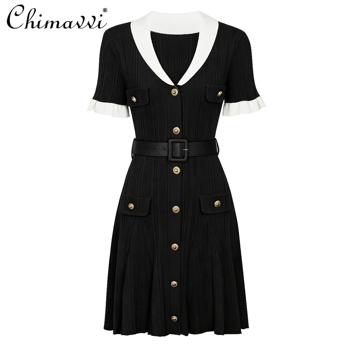 High-end Fashion Cropped Knit Dress New Autumn 2026 Women Short Sleeve High-waisted Belted Slim-fit Elegant Short Dresses