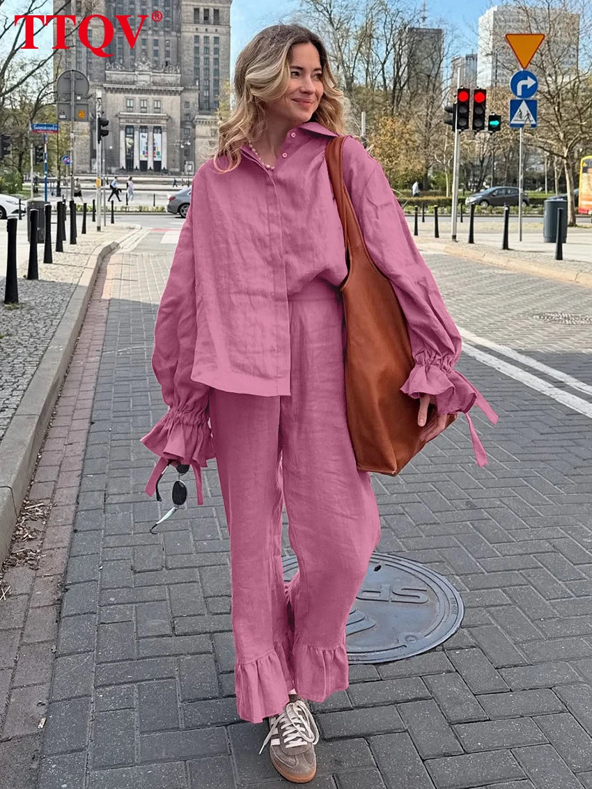 Loose Pink Cotton Shirt and Wide Leg Pants Set for Women