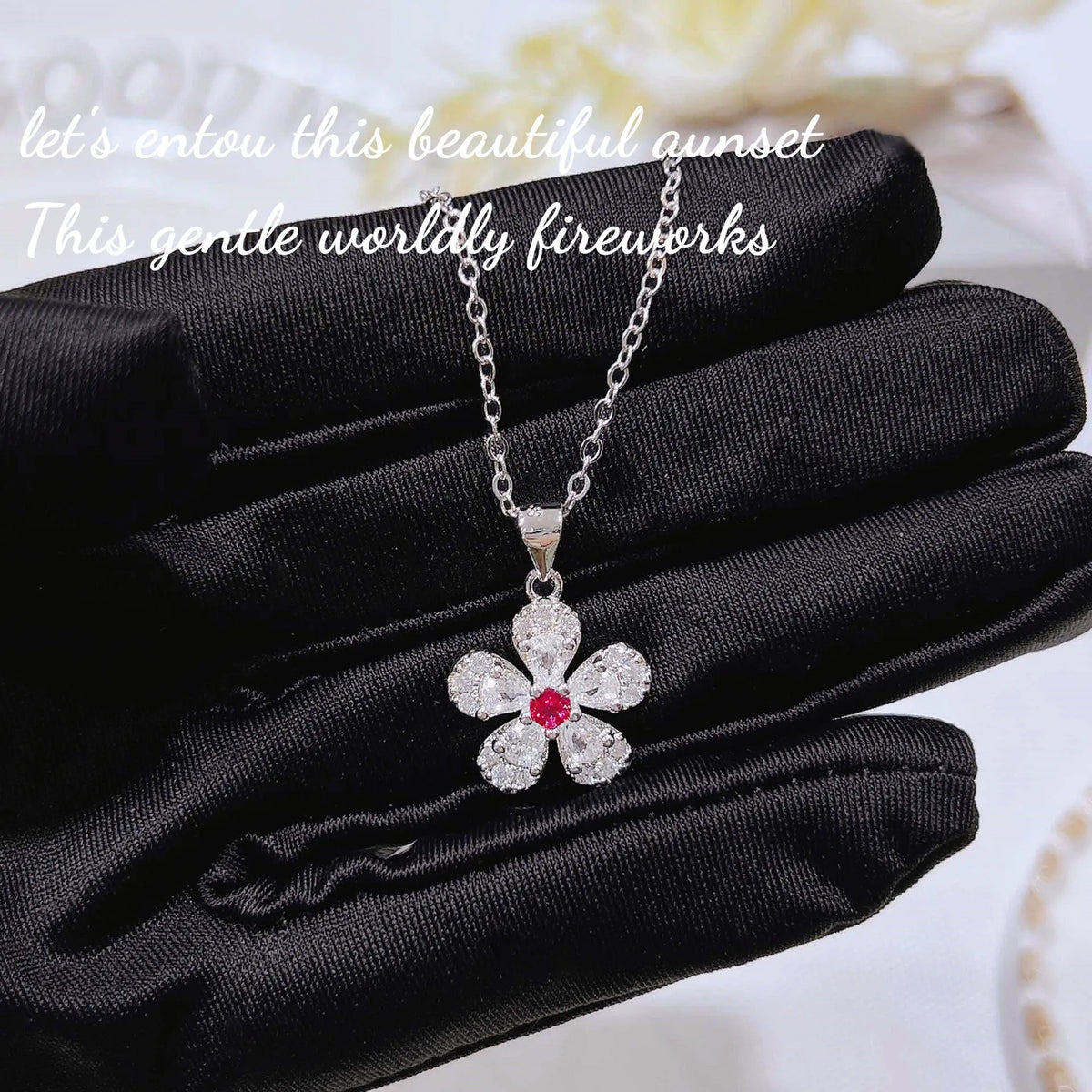 Cherry Blossom Zircon Necklace, Earring, and Ring Set for Women
