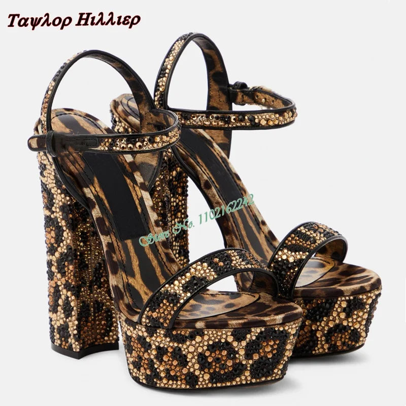 Open Toe Leopard Print Rhinestone Platform Heels for Women