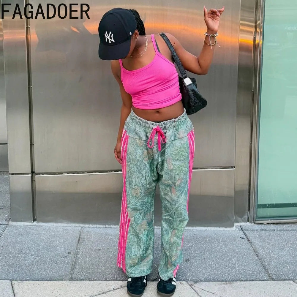 HLJ Fashion Camouflage Print Straight Leg Pants Women Stripe Drawstring Patchwork Pants Casual Female Streetwear Bottoms 2025