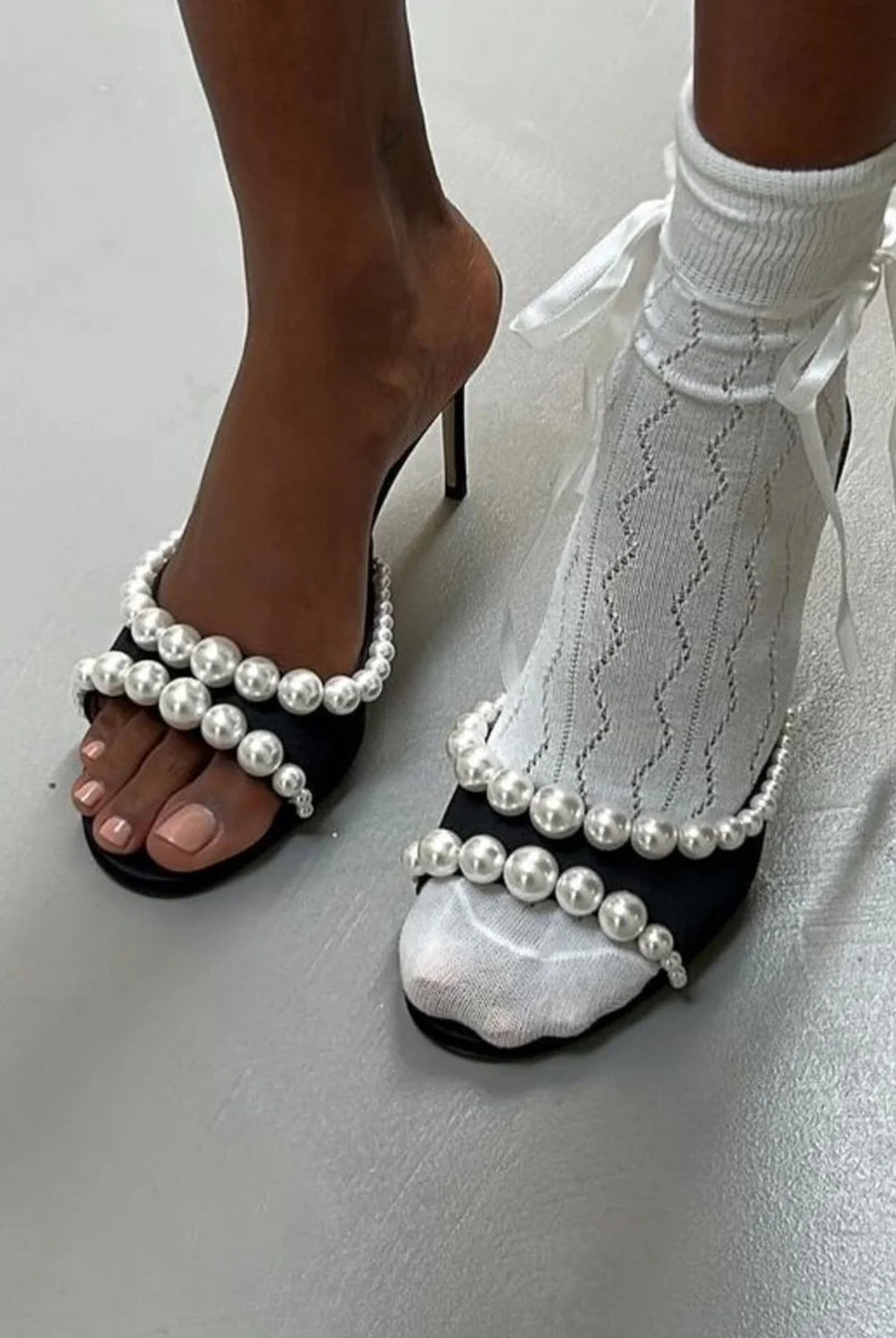 Black Satin Pearl Stiletto Sandals