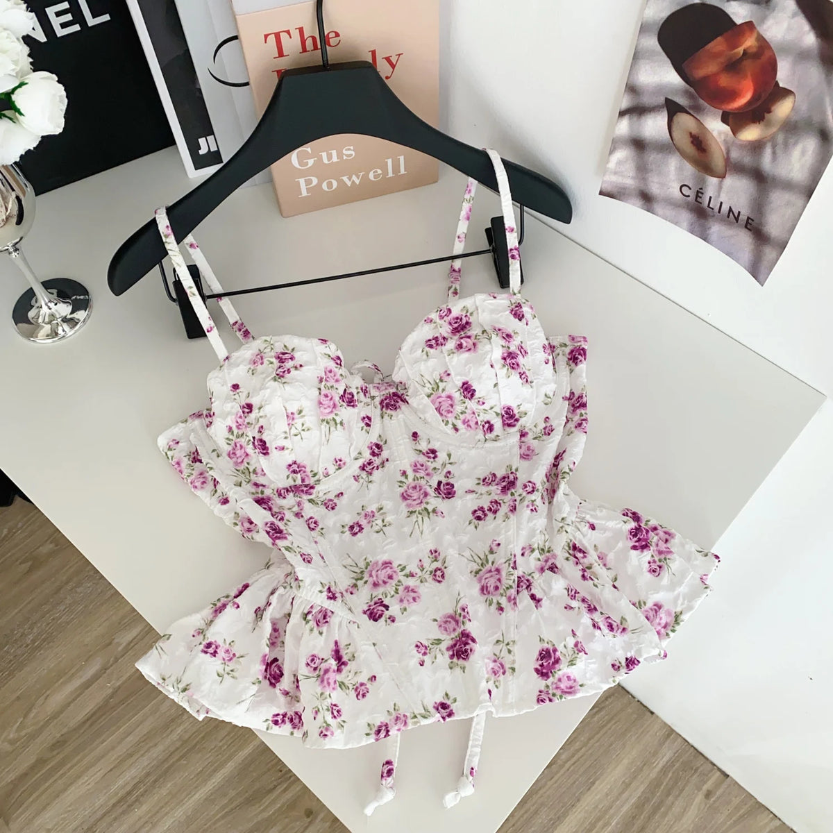 French Corset Print Ruffle Strap Tank Top for Women