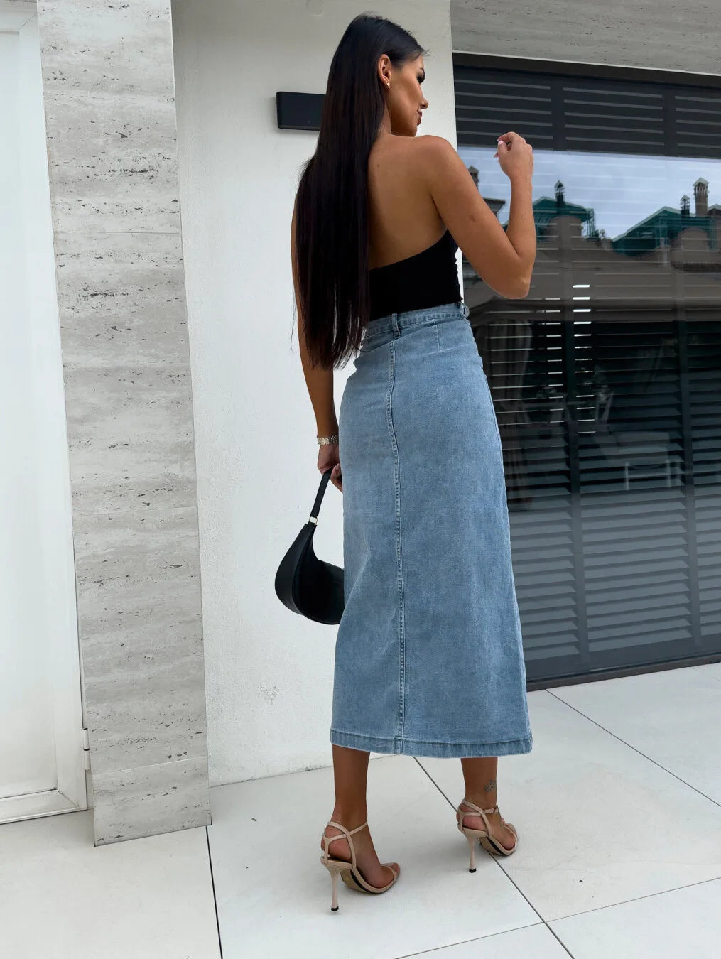 High Waist Retro Button Denim Skirt With Slit for Women