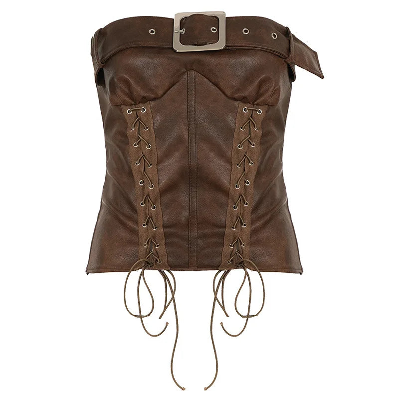 Sexy Leather Corset Vest, Cinched Waistband, Metal Buckle Top, Punk Style, Individualistic Street Style, Spicy Girl Outfit