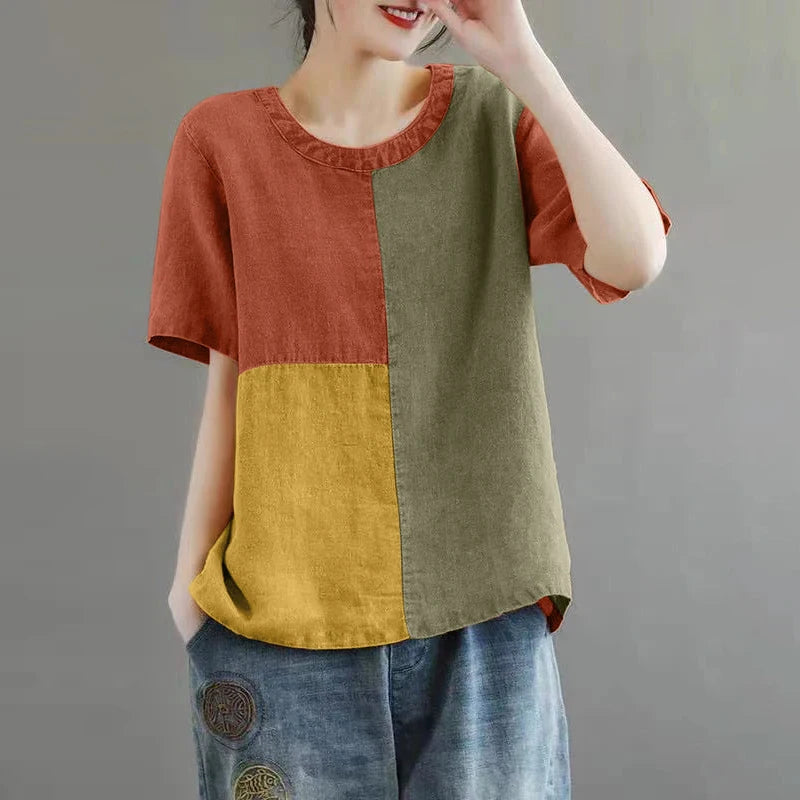 ZANZEA Women Patchwork Blouse 2024 Summer Short Sleeve Tunics Fashion Round Neck Shirts Casual Loose Holiday Cotton Linen Tops