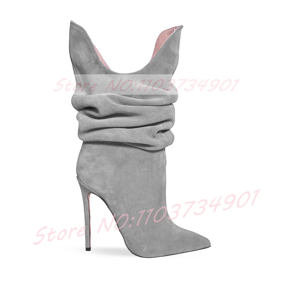Fuchsia Pleated Pointy Toe High Heel Suede Ankle Boots For Women