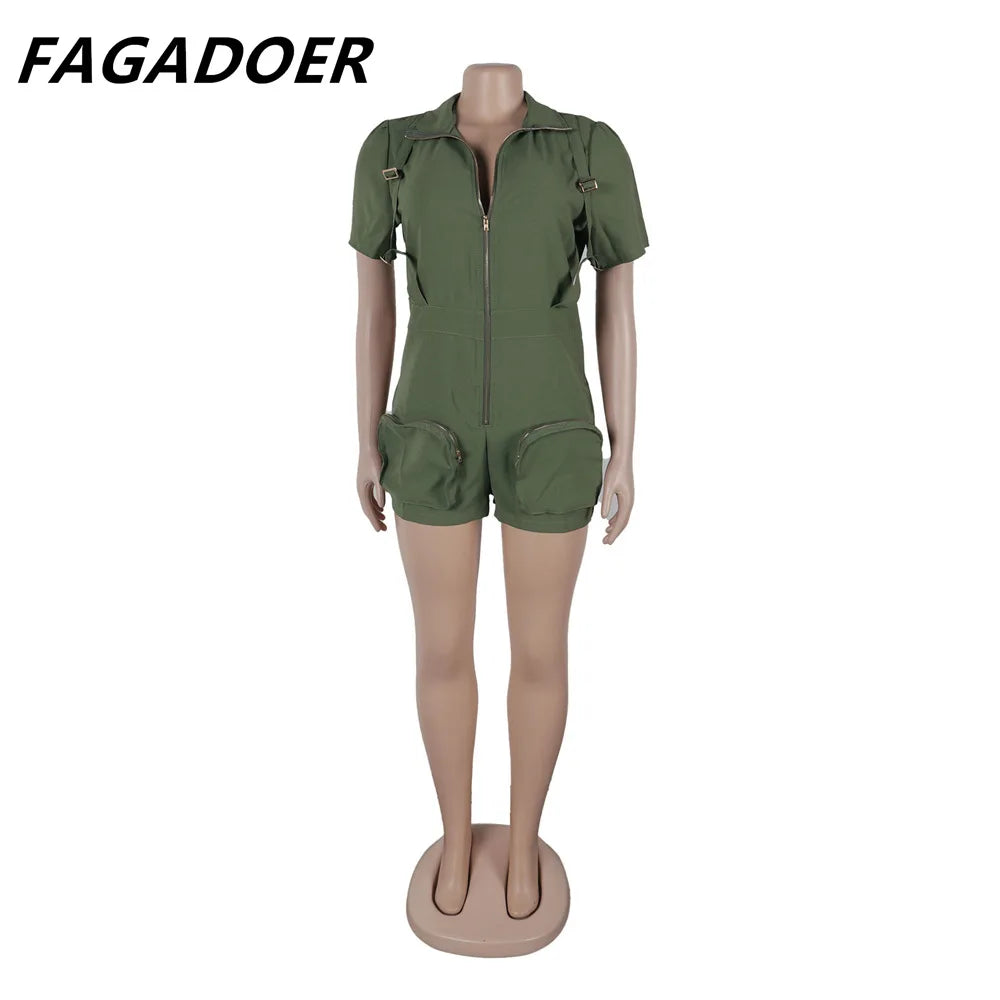 Solid Color Pocket Cargo Short Sleeve V Neck Romper for Women