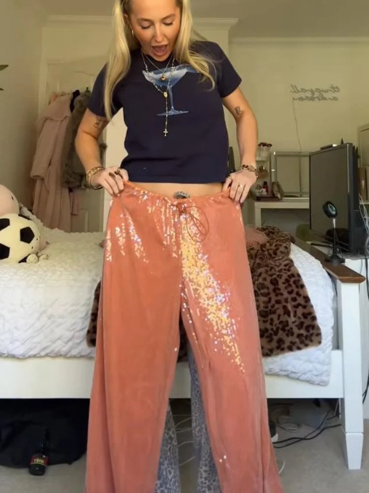 Casual Sequin Pants Women Loose Elastic Waist Wide Legs Trousers Female 2025 Spring Summer Fashion Chic Solid Streetwears Lady