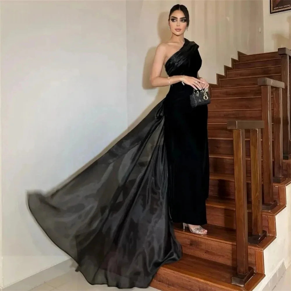 Mila Black One Shoulder Sheath Evening Dresses Train Floor-Length Party Dresses Customized Elegant Zip 2025  جديد في الفساتين