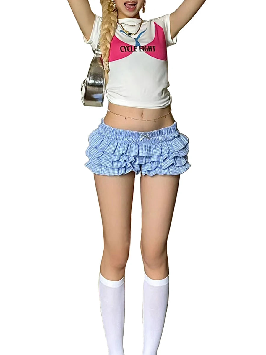 Layered Ruffle Elastic Waist Plaid Shorts for Women